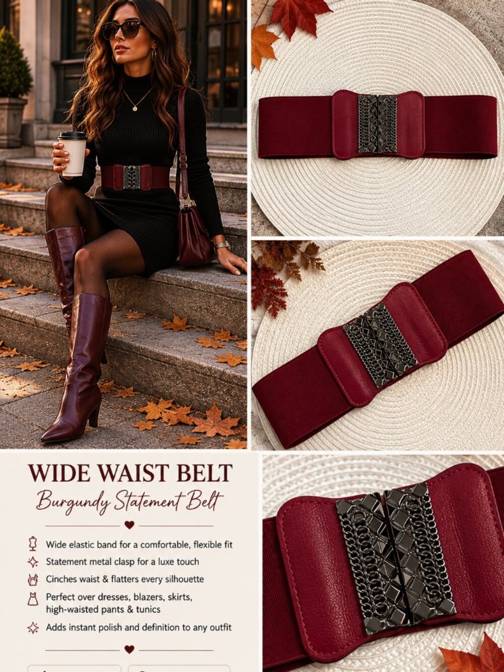 Wide Burgundy Waist Belt – Statement Stretch Belt